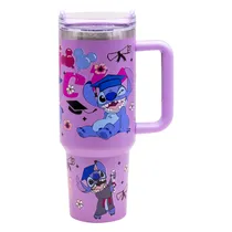 Garrafa Termica Stitch com Tampa / Canudo e Alça / 1200ML - Estampas Variadas/Roxo Claro
