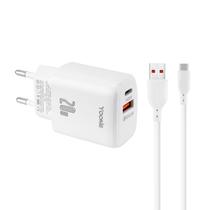 Carregador Yookie EI3Y - 20W - USB/Tipo C - Cabo Tipo C - Bivolt - Branco