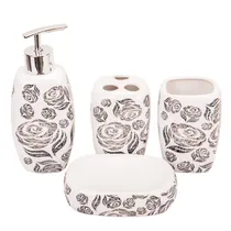 Kit Banheiro Porcelana Branco Flores Pretas 4PÇS