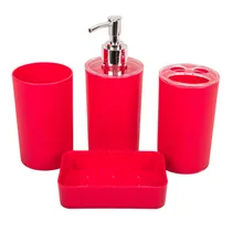 Kit Banheiro Plástico Tampa Transp. Vermelho 4PÇS