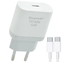 Carregador Tomada Ecopower EP-7023 30W / Type-C - Branco + Cabo Type-C
