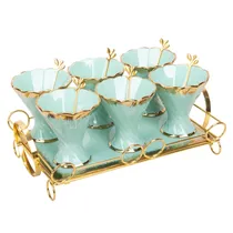 Jogo de Compoteiras de Porcelana com Colher e Base de Madeira 6 Peças - Turquesa com Dourado