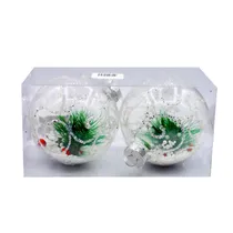 Bola de Natal Transparente com Neve e Ramo de Pinheiro 10CM 2 Peças.
