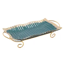 Bandeja de Porcelana com Suporte Metálico - Azul com Detalhes Dourados