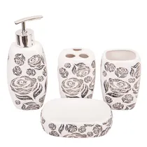 Kit Banheiro Porcelana Branco Flores Pretas 4PÇS