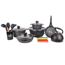 Jogo de Panelas Ucc Life com Indução Preta 20PCS 3 Panelas com Tampa 22, 30, 34CM, 1 Frigideira 30CM, 1 Frigideira para Pizza 22CM, 1 Chaleira 3.4L, Esponja e Avental