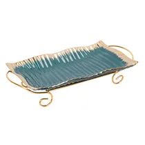 Bandeja de Porcelana com Suporte Metálico - Azul com Detalhes Dourados