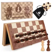 Conjunto de Xadrez e Dama Magnético Dobrável de Madeira 30CM