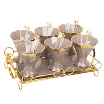 Jogo de Compoteiras de Porcelana com Colher e Base de Madeira 6 Peças - Bege com Dourado