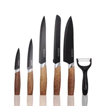 Kit de Facas para Cozinha Evryealth 6 Em 1 com Descascador - Preto/Marrom