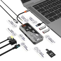 Hub Adaptador Multiporta 4LIFE FL10V USB-C / 10 Em 1 / USB-C PD 100W / USB 3.0 / USB 2.0 *2 / HDMI / RJ45 / VGA / SD / TF / 3.5MM Audio - Transparente/ Cinza