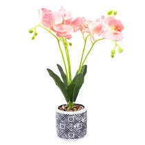 Orquídea Artificial Rosa com Listras Vermelhas Em Vaso – Flor Decorativa Elegante
