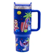 Garrafa Termica Stitch com Tampa / Canudo e Alça / 1200ML - Estampas Variadas/Azul Oscuro