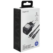Carregador Tomada Havit UC233 USB / USB-C / 33W - Preto + Cabo USB-C / USB-C