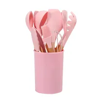 Kit de Utensílios para Cozinha de Silicone com Cabo de Madeira / 12 Peças com Balde - Rosa Claro