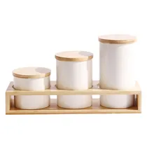 Potes de Cerâmica - Conjunto com 3 Peças + Base de Bambu