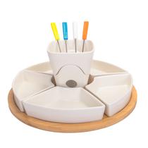 Jogo para Fondue de Porcelana com 12 Pecas Base de Bambu 30 CM