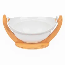Saladeira Em Porcelana com Base de Madeira