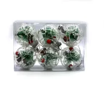 Bola de Natal Transparente com Raminho de Pinheiro 6CM 6 Peças.
