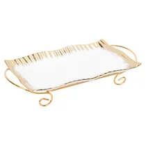 Bandeja de Porcelana com Suporte Metálico - Branco com Detalhes Dourados