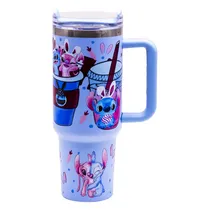 Garrafa Termica Stitch com Tampa / Canudo e Alça / 1200ML - Estampas Variadas/Azul Claro