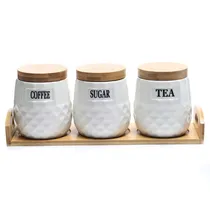 Potes de Cerâmica com Tampa e Base de Bambu 3 Peças 12X10 CM