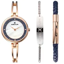 Relógio Analógico Daniel Klein Gift Sets DK11927-5 Feminino com Duas Pulseiras de Aço Inoxidável - Rosa Ouro, Azul e Prata