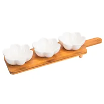 Jogo de Bandeja para Petiscos Em Porcelana com Base de Bambu e 3 Divisorias