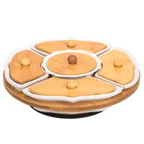 Jogo de Bandeja para Petiscos Em Porcelana com Base de Bambu e 5 Divisorias
