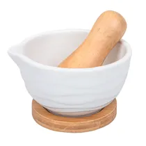 Pilão Em Porcelana com Base de Madeira
