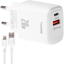 Carregador de Parede Yookie EI3Y / 20W / USB-A / USB-C + Cabo USB-A/ Lightning / Bivolt - Branco