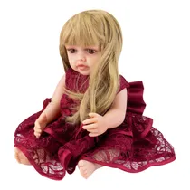 Boneca Baby Reborn V-65 - 48CM - Silicone - Vestido Bordo