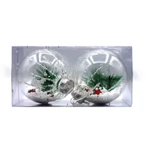 Bola de Natal Transparente com Neve e Ramo de Pinheiro 10CM 2 Peças.