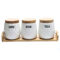 Potes de Cerâmica com Tampa e Base de Bambu 3 Peças 12X10 CM