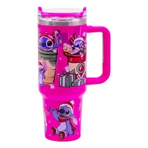 Garrafa Termica Stitch com Tampa / Canudo e Alça / 1200ML - Estampas Variadas/Rosa Oscuro