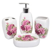 Kit Banheiro Porcelana Branco Estampa Floral 4PÇS