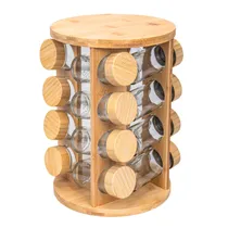 Porta Temperos Giratório de Bambu com 16 Potes de Vidro