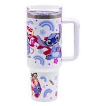 Garrafa Termica Stitch com Tampa / Canudo e Alça / 1200ML - Estampas Variadas/Branco